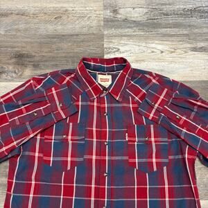Levis Modern Tartan‎ Plaid Red Blue Mens M Pearl Snap Cowboy Rodeo Western Shirt